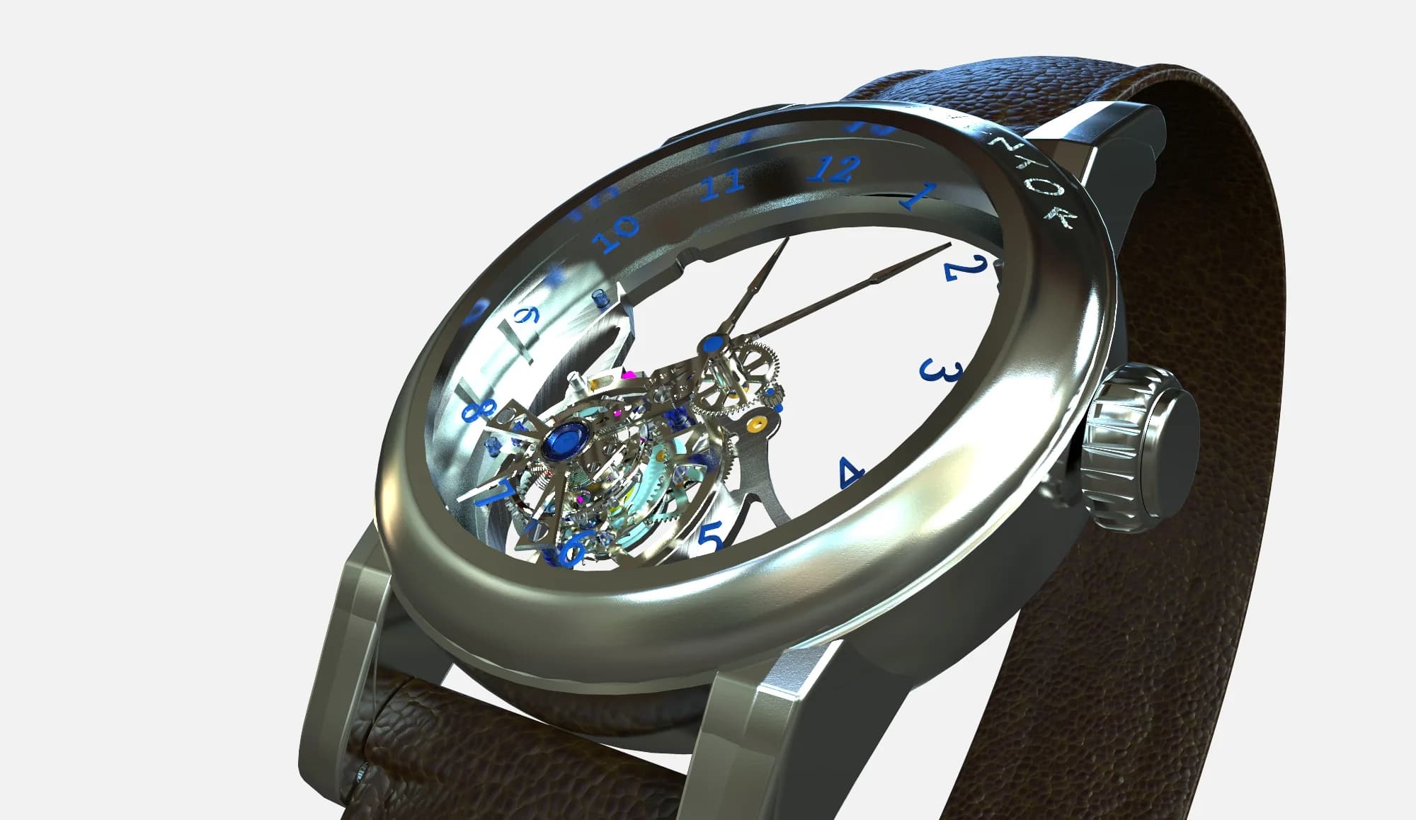Rendering einer mechanischen Uhr mit sichtbarem Werk